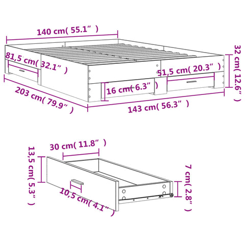 vidaXL Bed Frame with Drawers without Mattress Grey Sonoma 140x200 cm
