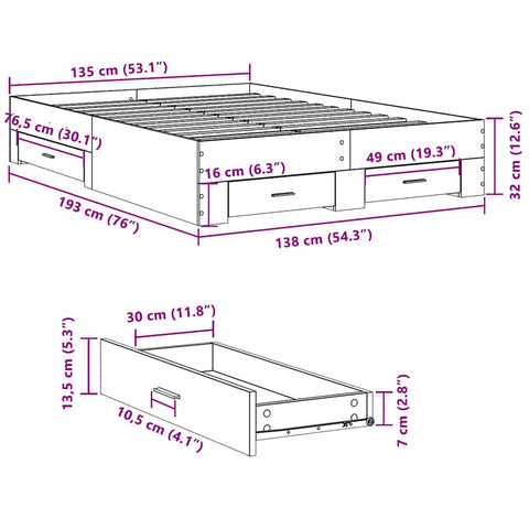 vidaXL Bed Frame with Drawers without Mattress Sonoma Oak 135x190 cm Double