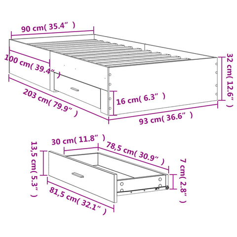 vidaXL Bed Frame with Drawers without Mattress Brown Oak 90x200 cm