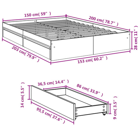 vidaXL Bed Frame with Drawers without Mattress Black 150x200 cm King Size