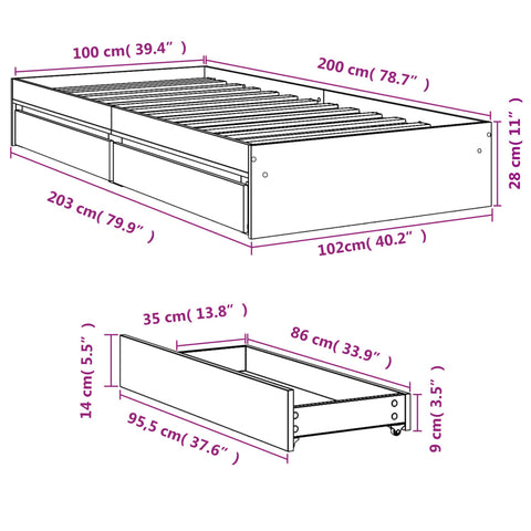 vidaXL Bed Frame with Drawers without Mattress Concrete Grey 100x200 cm