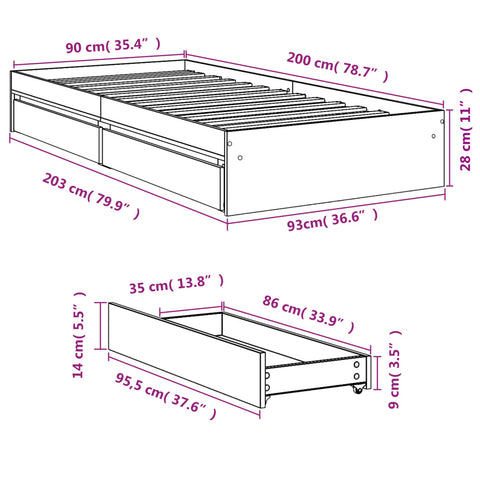 vidaXL Bed Frame with Drawers without Mattress White 90x200 cm
