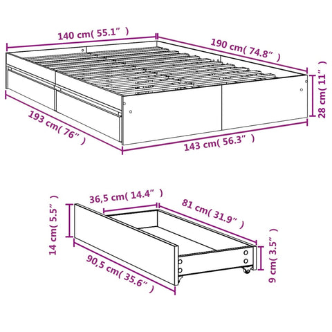 vidaXL Bed Frame with Drawers without Mattress White 140x190 cm
