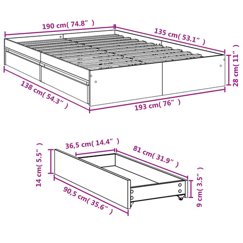 vidaXL Bed Frame with Drawers without Mattress Concrete Grey 135x190 cm Double