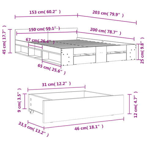 vidaXL Bed Frame with Drawers without Mattress White 150x200 cm King Size