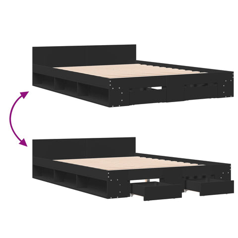 vidaXL Bed Frame with Drawers without Mattress Black 150x200 cm King Size