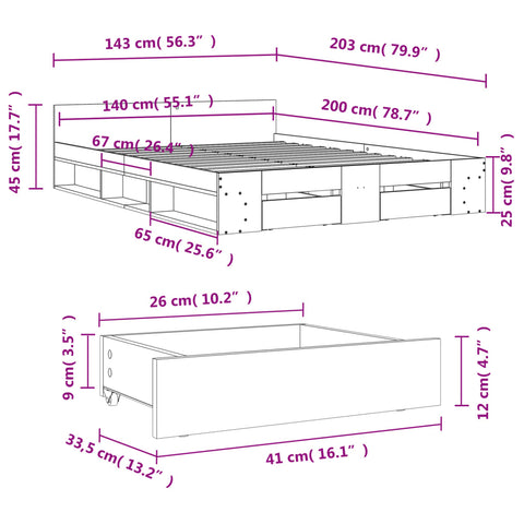 vidaXL Bed Frame with Drawers without Mattress Smoked Oak 140x200 cm