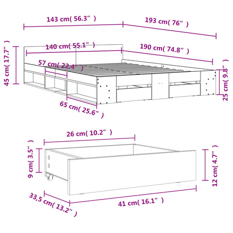 vidaXL Bed Frame with Drawers without Mattress White 140x190 cm