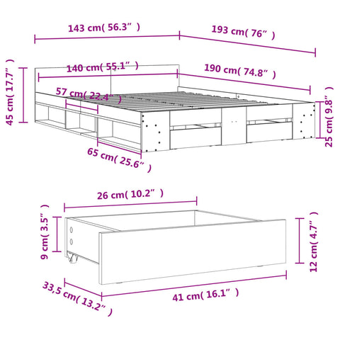 vidaXL Bed Frame with Drawers without Mattress Grey Sonoma 140x190 cm