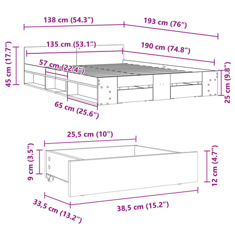 vidaXL Bed Frame with Drawers without Mattress Grey Sonoma 135x190 cm Double