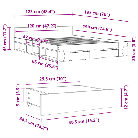vidaXL Bed Frame with Drawers without Mattress Black 120x190 cm Small Double