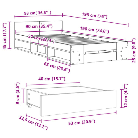 vidaXL Bed Frame with Drawer without Mattress Smoked Oak 90x190 cm Single