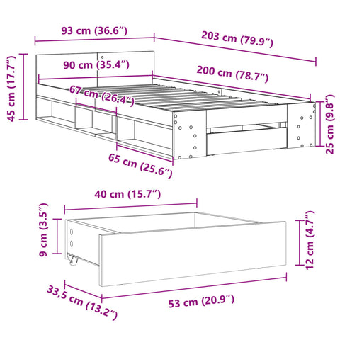 vidaXL Bed Frame with Drawer without Mattress Grey Sonoma 90x200 cm