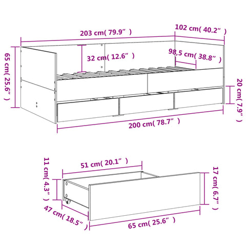 vidaXL Daybed with Drawers without Mattress Sonoma Oak 100x200 cm