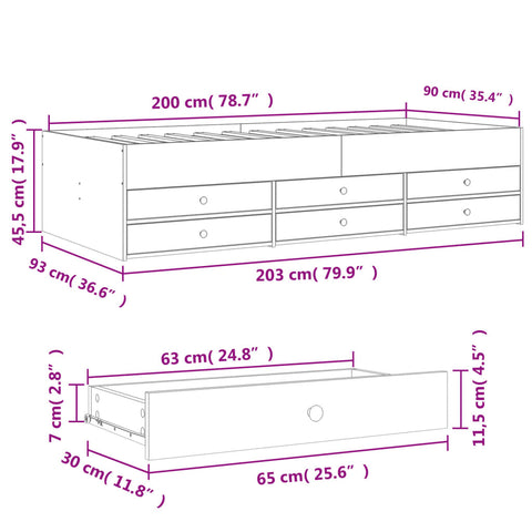 vidaXL Daybed with Drawers without Mattress Brown Oak 90x200 cm