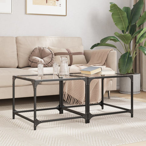 vidaXL Coffee Tables with Transparent Glass Top 2 pcs 50x50x40 cm Steel