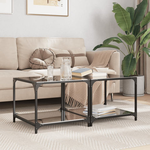 vidaXL Coffee Tables with Black Glass Top 2 pcs 50x50x40 cm Steel