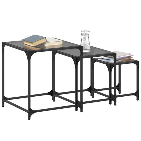 vidaXL Nesting Coffee Tables 3 pcs with Black Glass Top Steel