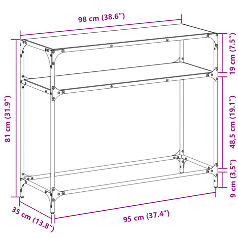vidaXL Console Table with Black Glass Top98x35x81 cm Steel