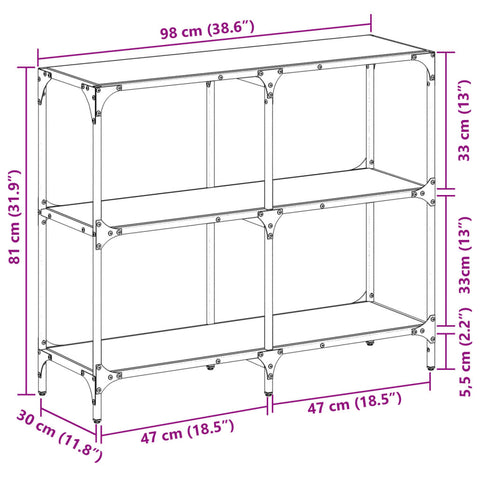 vidaXL Console Table with Black Glass Top 98x30x81 cm Steel
