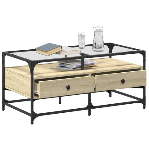 vidaXL Coffee Table with Glass Top Sonoma Oak 98.5x50x45 cm Steel
