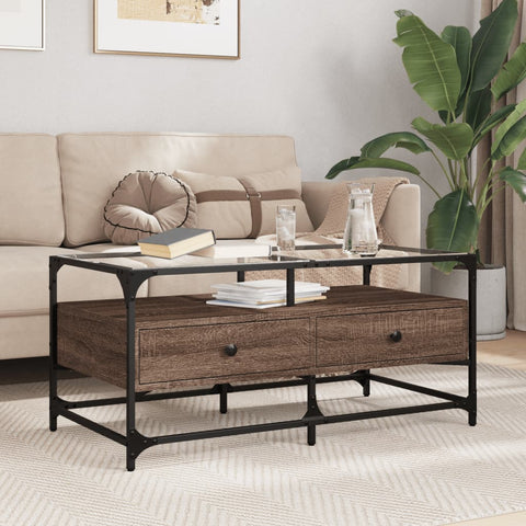 vidaXL Coffee Table with Glass Top Brown Oak 98.5x50x45 cm Steel