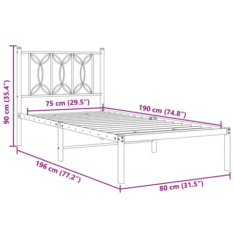 vidaXL Metal Bed Frame without Mattress with Headboard White 75x190cm