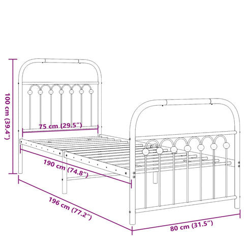 vidaXL Metal Bed Frame without Mattress with Footboard Black 75x190cm