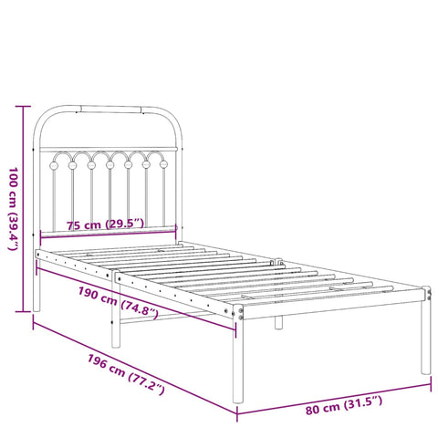 vidaXL Metal Bed Frame without Mattress with Headboard White 75x190cm