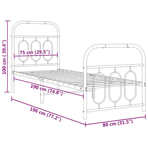 vidaXL Metal Bed Frame without Mattress with Footboard White 75x190cm