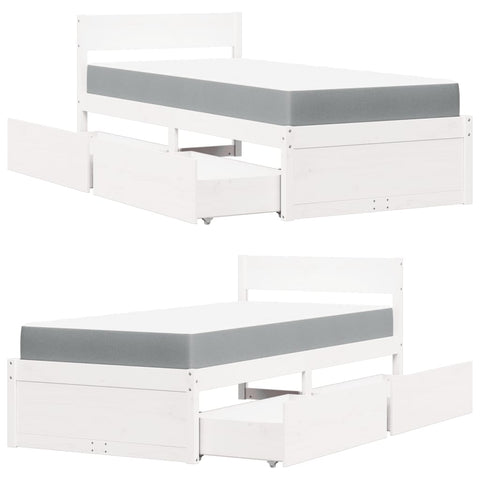 vidaXL Bed with Drawers and Mattress White 90x190 cm Single Solid Wood Pine