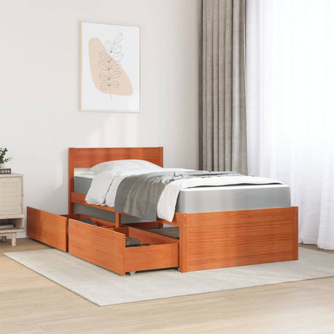 vidaXL Bed with Drawers and Mattress Wax Brown 90x190 cm Single Solid Wood Pine