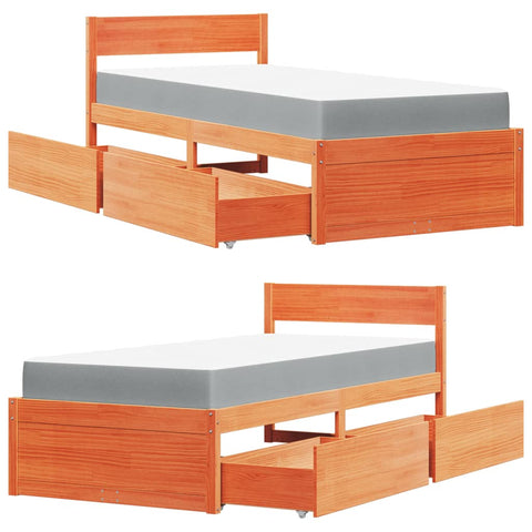 vidaXL Bed with Drawers and Mattress Wax Brown 90x190 cm Single Solid Wood Pine