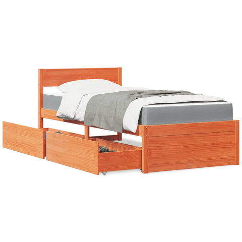 vidaXL Bed with Drawers and Mattress Wax Brown 90x190 cm Single Solid Wood Pine