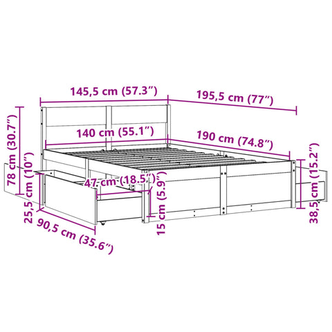 vidaXL Bed Frame without Mattress Wax Brown 140x190 cm Solid Wood Pine