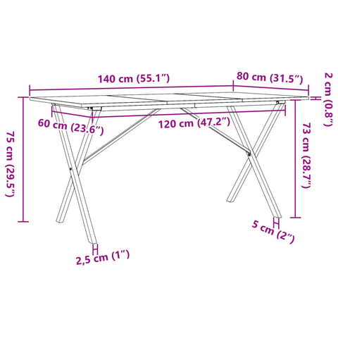vidaXL Dining Table X-Frame 140x80x75 cm Solid Wood Pine and Steel