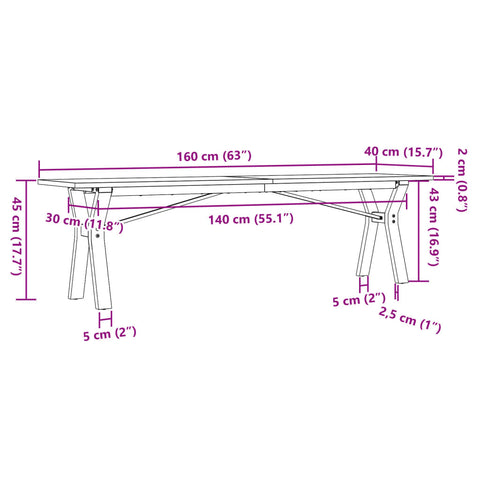 vidaXL Coffee Table Y-Frame 160x40x45 cm Solid Wood Pine and Steel