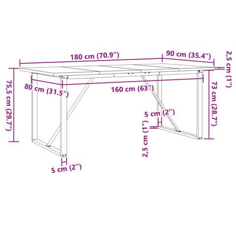 vidaXL Dining Table O-Frame 180x90x75.5 cm Solid Wood Pine and Steel