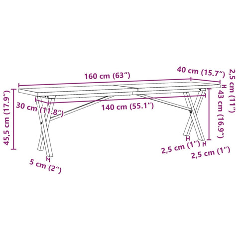 vidaXL Coffee Table X-Frame 160x40x45.5 cm Solid Wood Pine and Steel