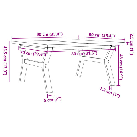 vidaXL Coffee Table Y-Frame 90x90x45.5 cm Solid Wood Pine and Steel
