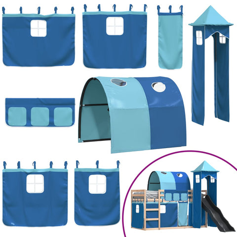 vidaXL Bunk Bed without Mattress with Slide and Curtains Blue 80x200 cm
