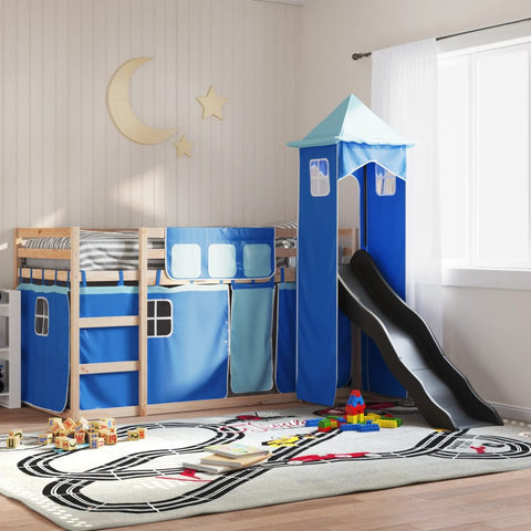 vidaXL Bunk Bed without Mattress with Slide and Curtains Blue 90x200 cm