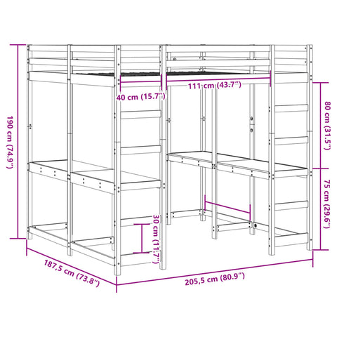 vidaXL Loft Bed with Desk and Ladder White 180x200 cm Super King Solid Wood Pine