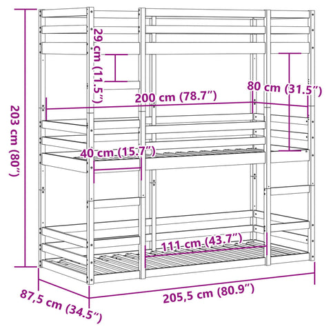 vidaXL Triple Bunk Bed without Mattress Wax Brown 80x200 cm Solid Wood Pine