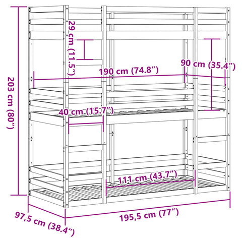 vidaXL Triple Bunk Bed without Mattress 90x190 cm Single Solid Wood Pine