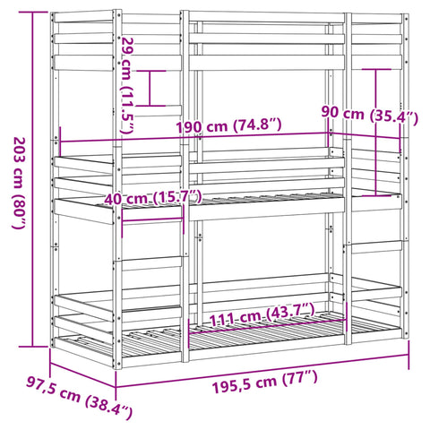 vidaXL Triple Bunk Bed without Mattress Wax Brown 90x190 cm Single Solid Wood Pine