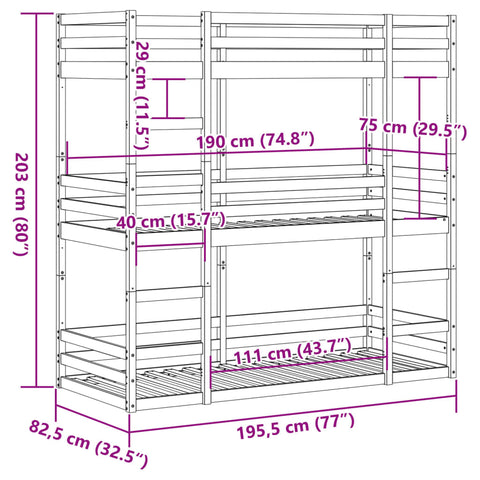 vidaXL Triple Bunk Bed without Mattress 75x190 cm Small Single Solid Wood Pine
