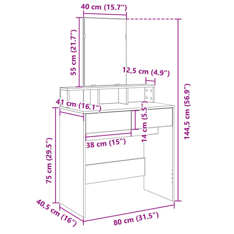 vidaXL Dressing Table with Mirror Grey Sonoma 80x41x144.5 cm