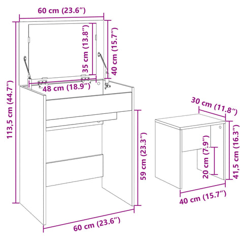 vidaXL Dressing Table and Stool Smoked Oak 60x40x113.5 cm