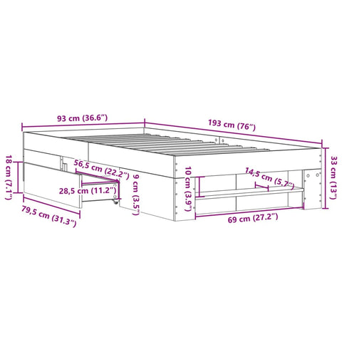 vidaXL Bed Frame without Mattress Concrete Grey 90x190cm Engineered Wood